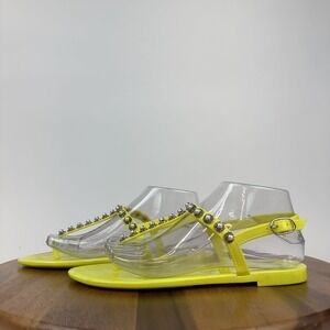 New Womens Stuart Weitzman Goldie Pearl Crystal Jelly Yellow Thong‎ Sandals Sz 8
